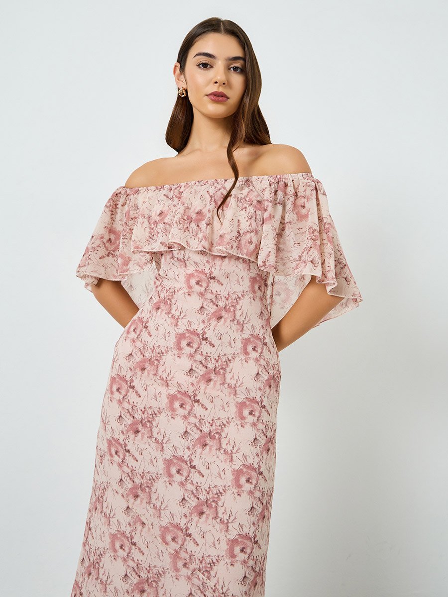 Women Beige Floral Cape Sleeve Sheath Maxi Dress