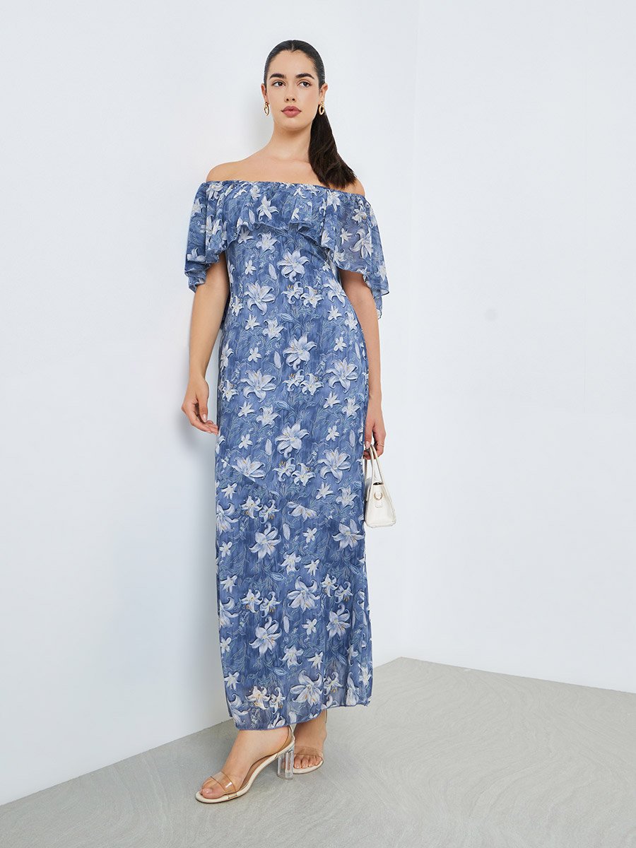 Women Blue Floral Cape Sleeve Sheath Maxi Dress