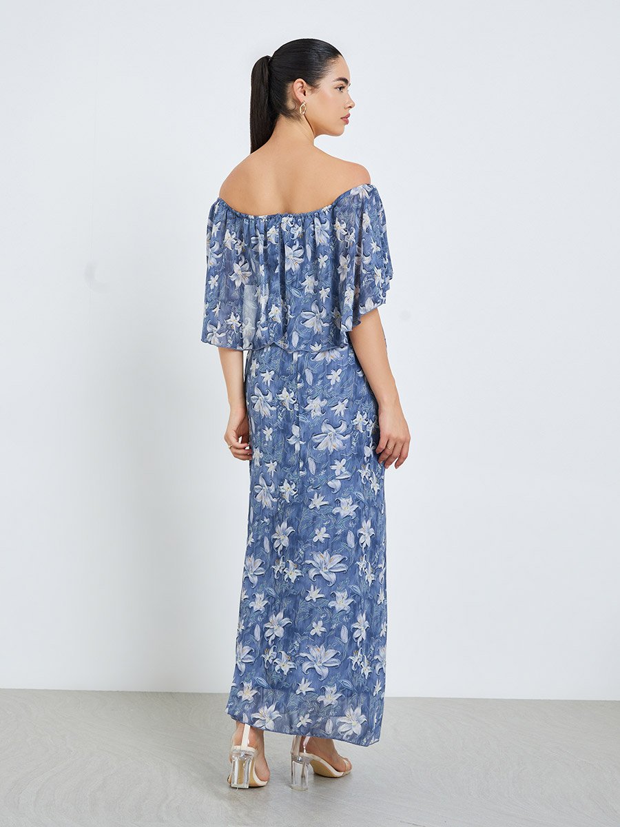 Women Blue Floral Cape Sleeve Sheath Maxi Dress