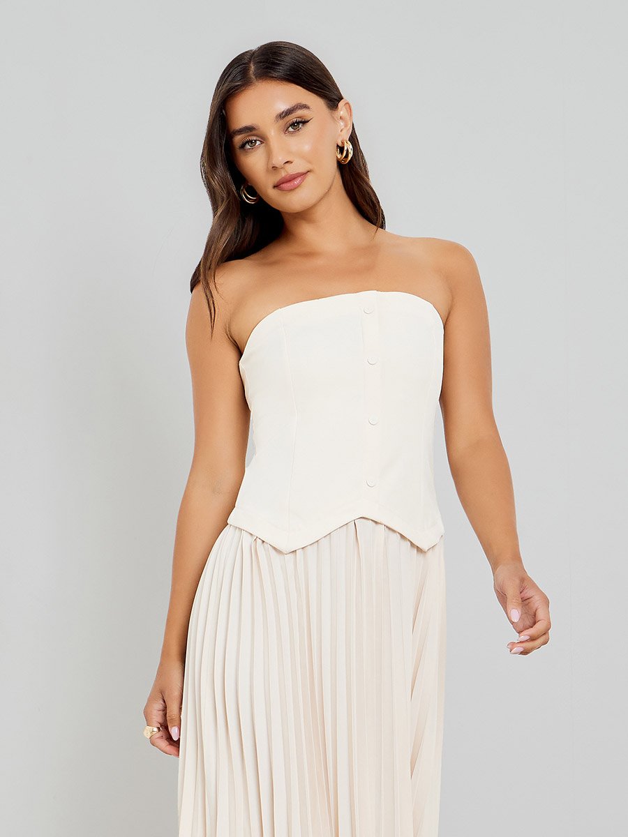 Women Cream Bandeau Pleated Maxi Dress For Women at Qatar | Styli