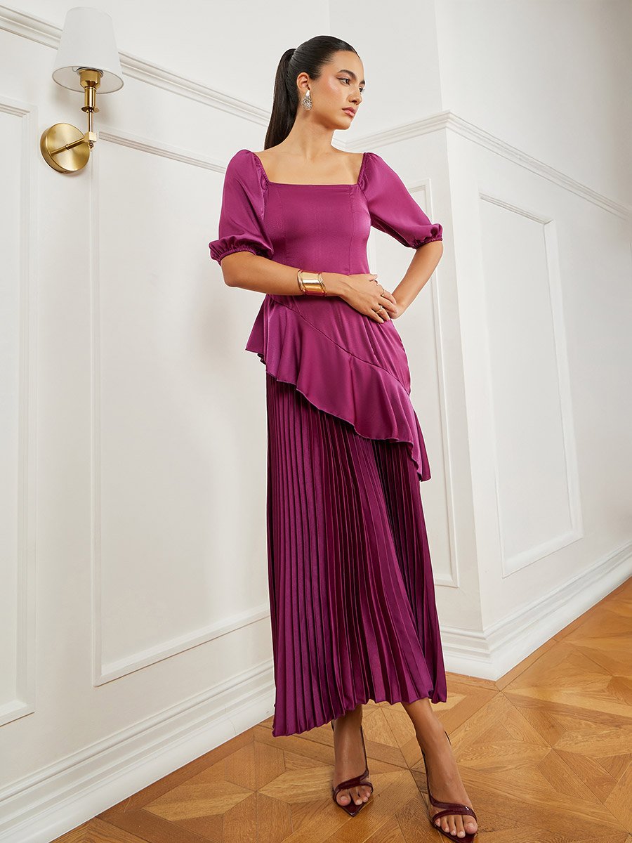Burgundy Balloon Sleeves Pleated Maxi Dress