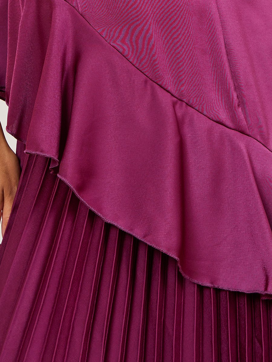 Burgundy Balloon Sleeves Pleated Maxi Dress