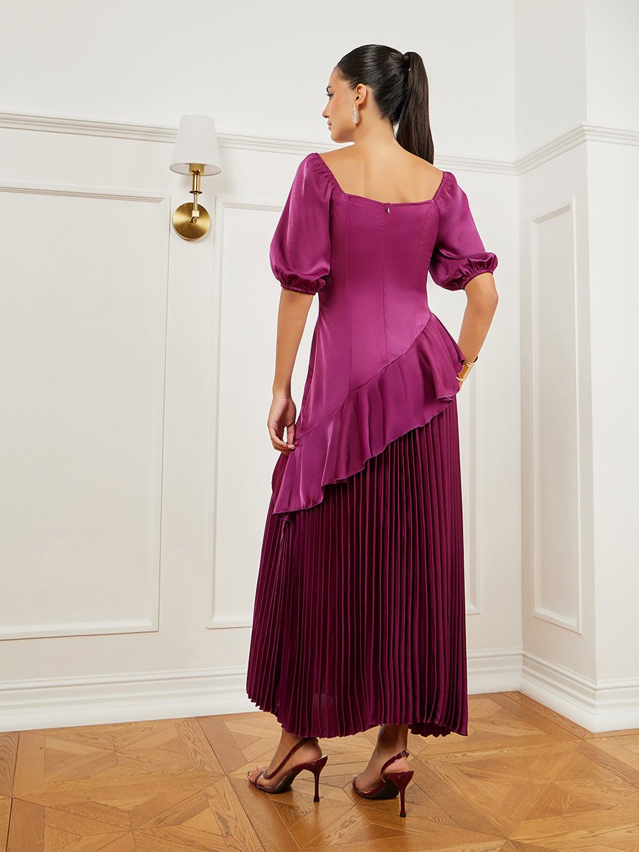 Burgundy Balloon Sleeves Pleated Maxi Dress For Women at Kuwait | Styli Burgundy Balloon Sleeves Pleated Maxi Dress For Women at Kuwait | Styli