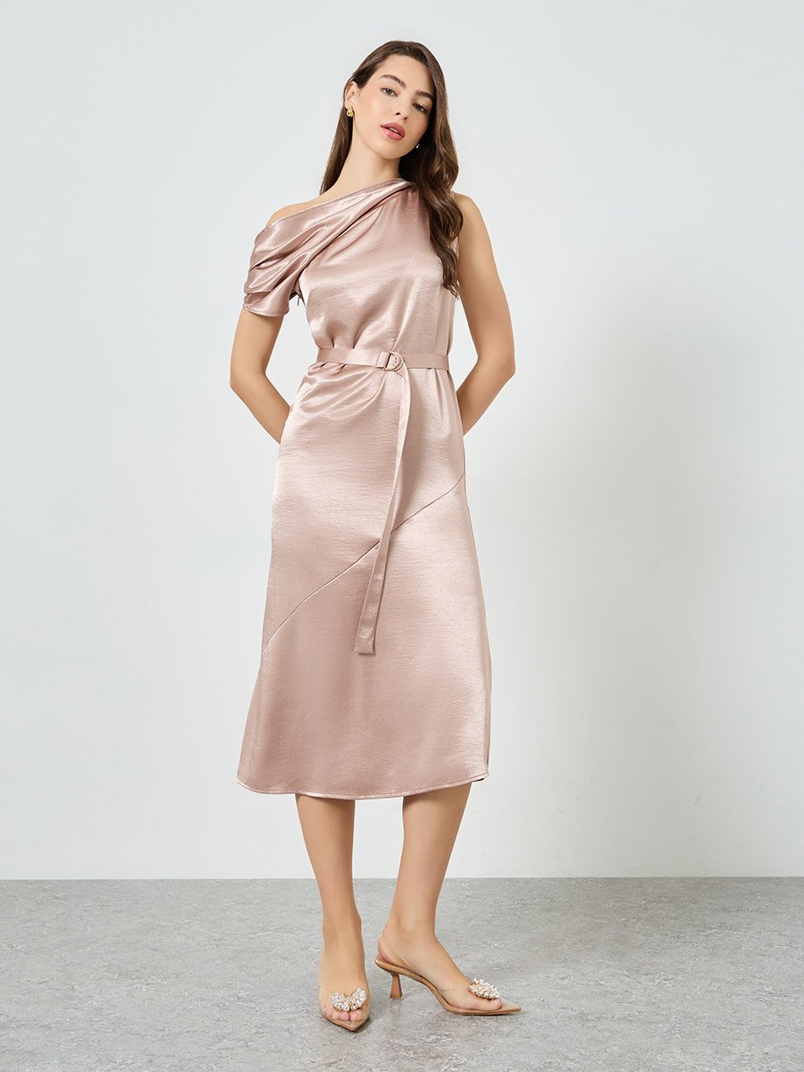 Women Beige Satin One Shoulder A-Line Midi Dress For Women at Oman | Styli Women Beige Satin One Shoulder A-Line Midi Dress For Women at Oman | Styli