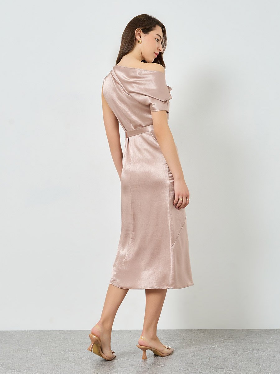 Women Beige Satin One Shoulder A-Line Midi Dress For Women at Oman | Styli Women Beige Satin One Shoulder A-Line Midi Dress For Women at Oman | Styli