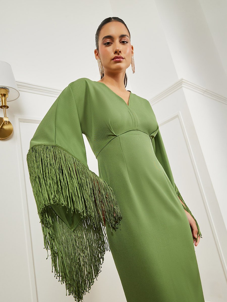 Green Fringe Sleeves Sheath Midi Dress