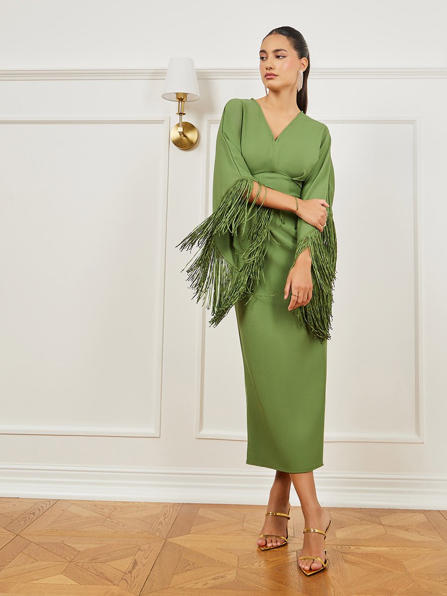 Green Fringe Sleeves Sheath Midi Dress