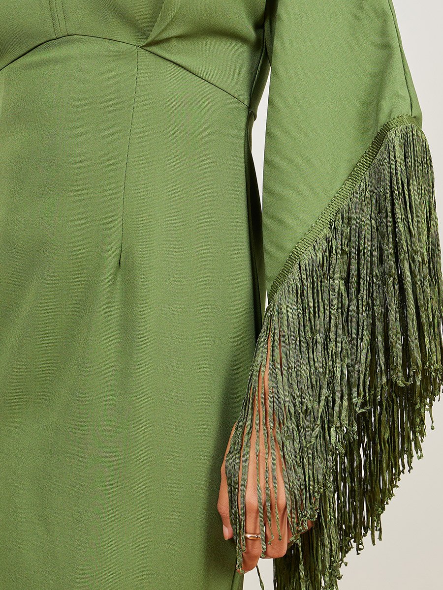 Green Fringe Sleeves Sheath Midi Dress