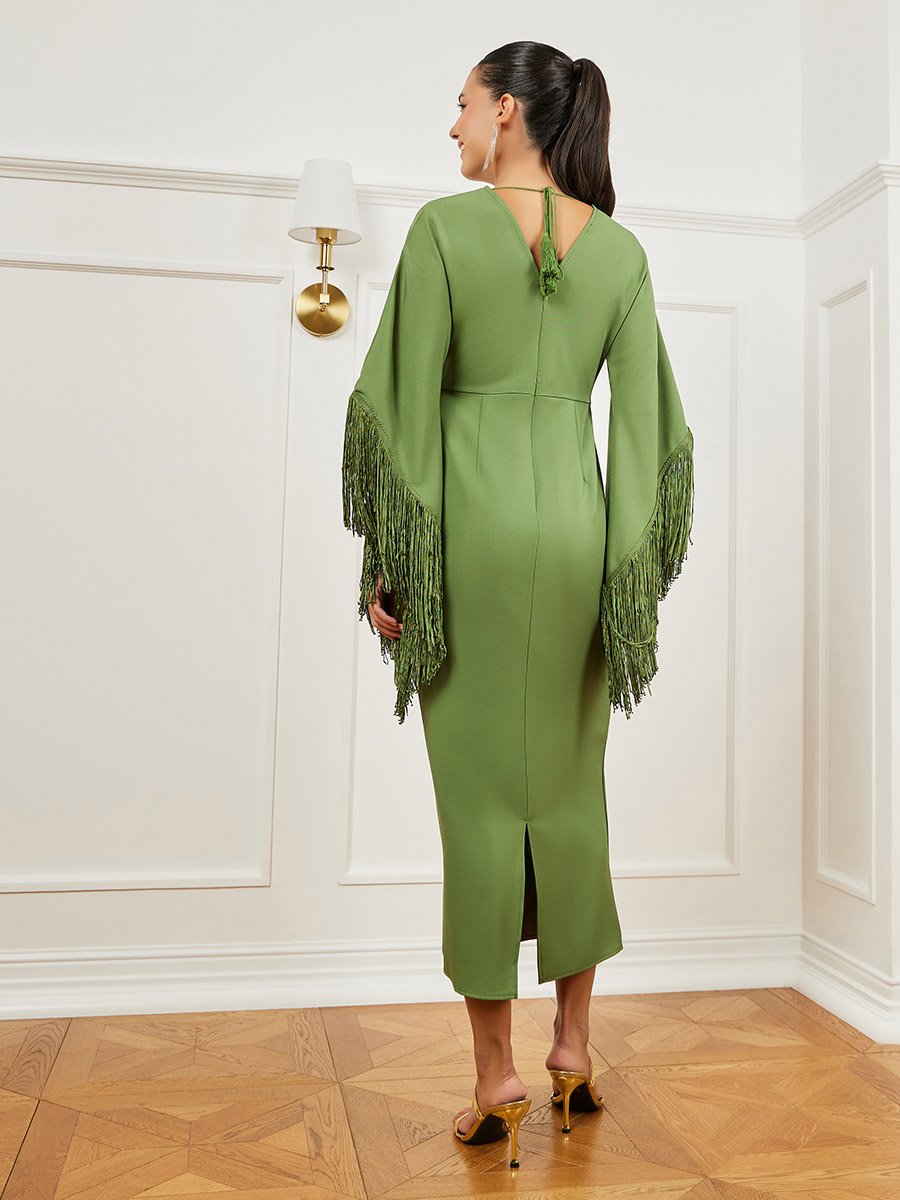 Green Fringe Sleeves Sheath Midi Dress