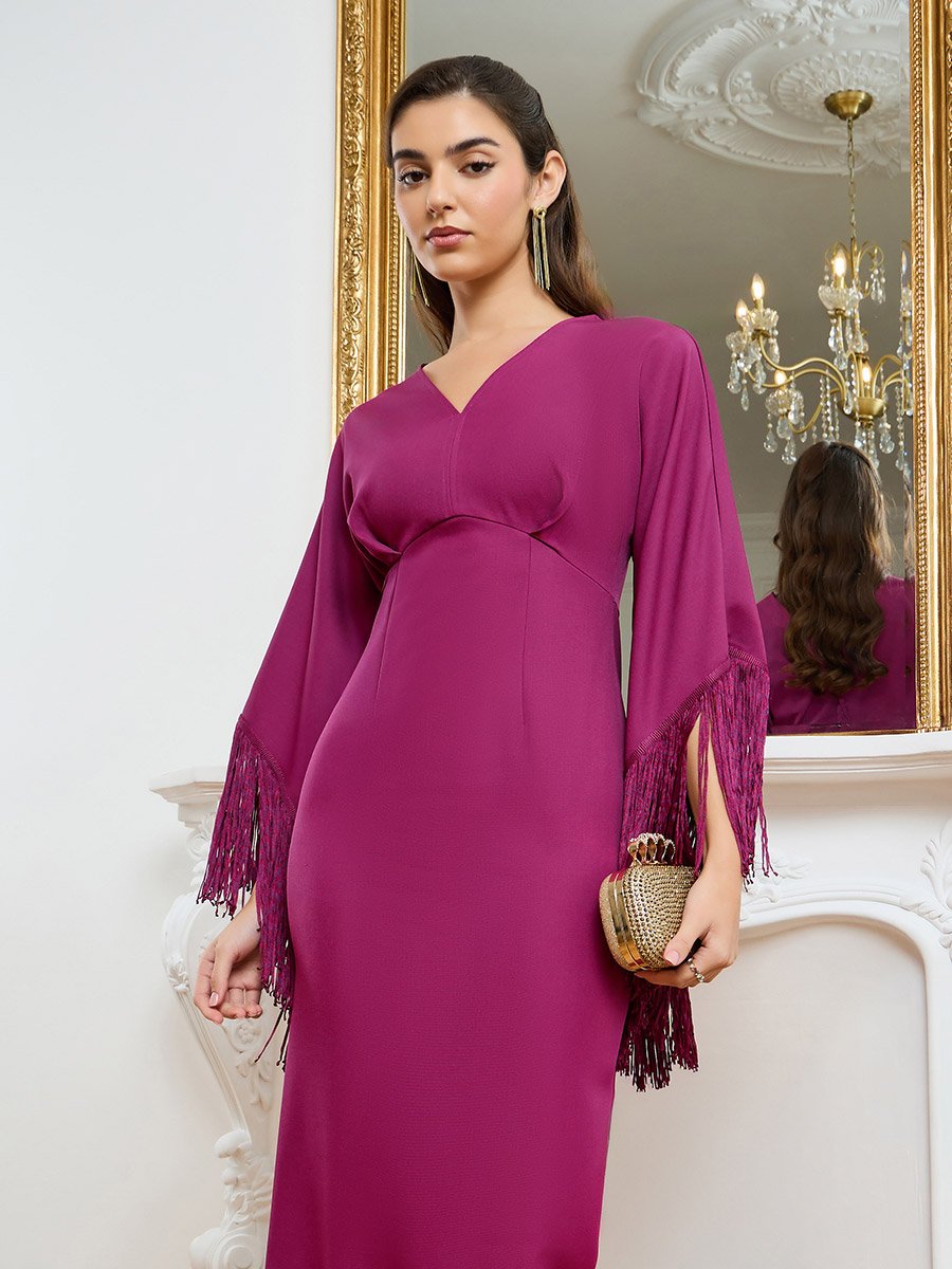 Purple Fringed Sleeve Sheath Maxi Dress