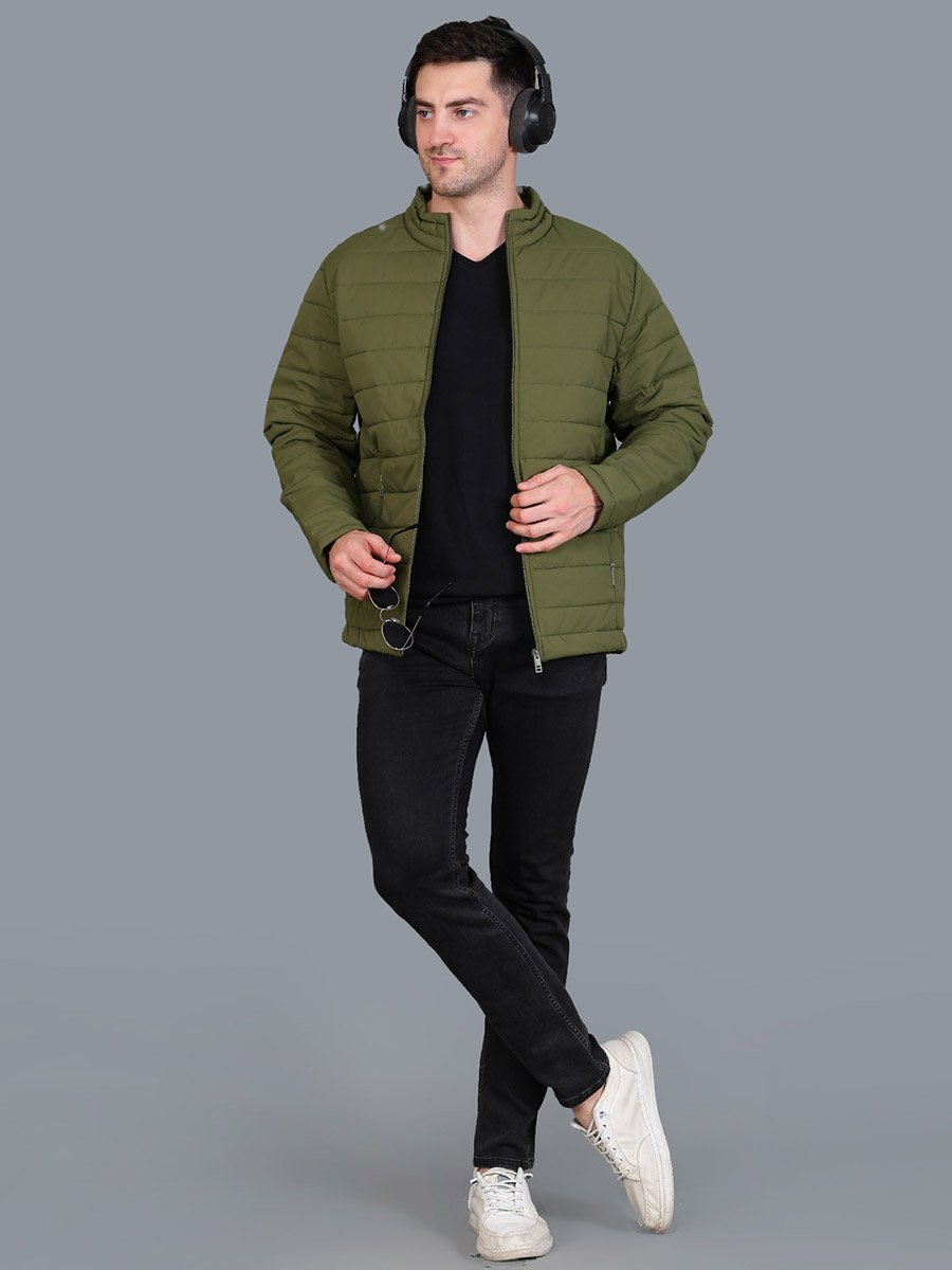 Men Olive Green Padded Bomber Jacket