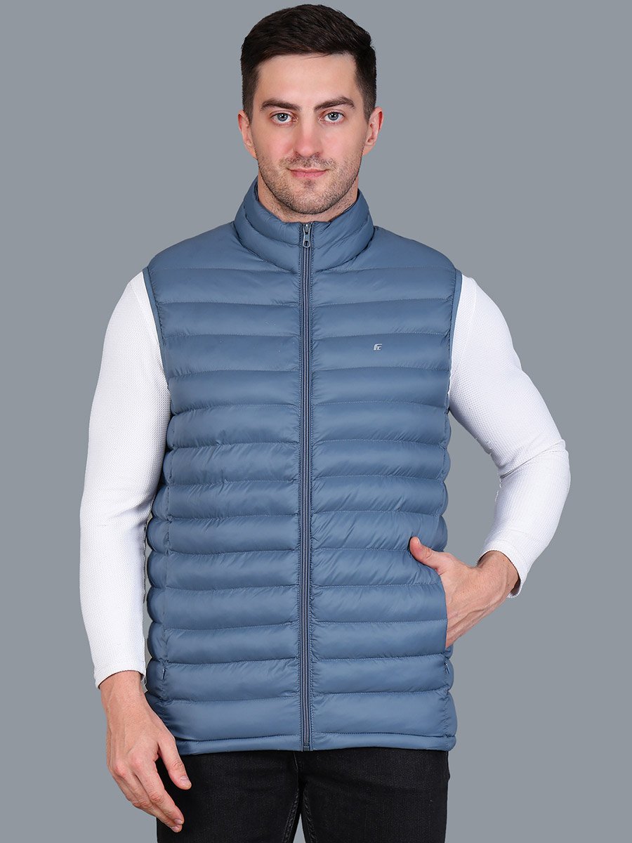 Men Blue Sleeveless Puffer Jacket