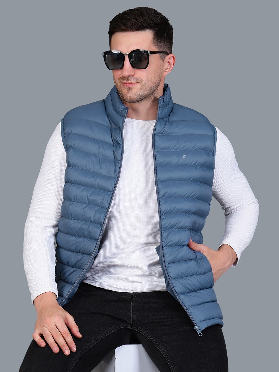 Men Blue Sleeveless Puffer Jacket