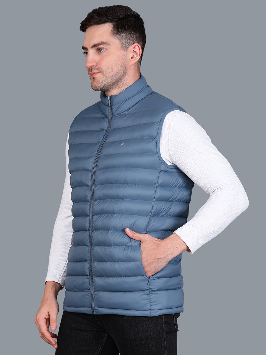 Men Blue Sleeveless Puffer Jacket