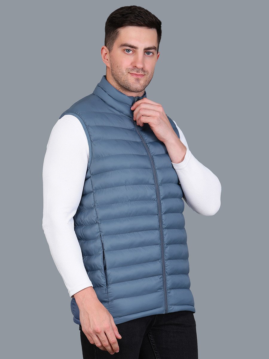 Men Blue Sleeveless Puffer Jacket