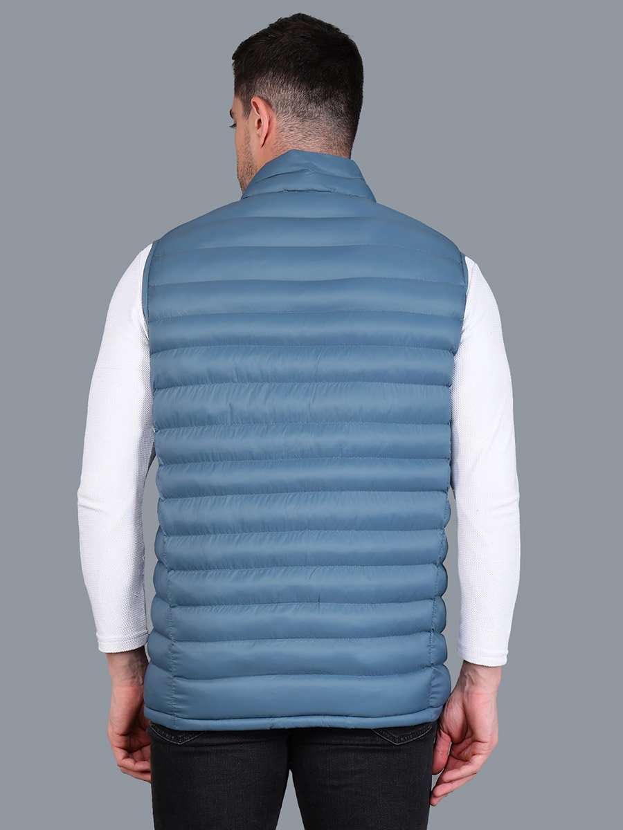 Men Blue Sleeveless Puffer Jacket