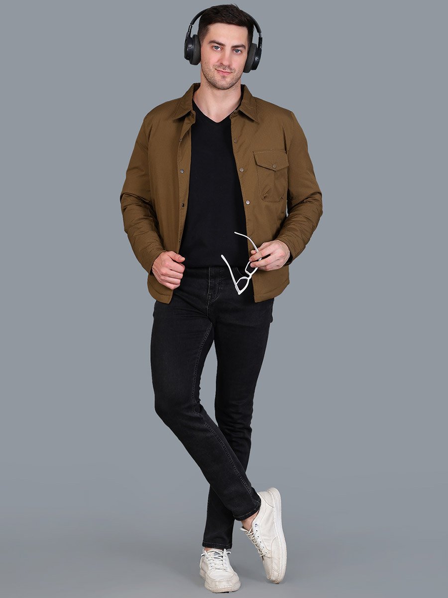 Men Brown Corduroy Button-Down Jacket