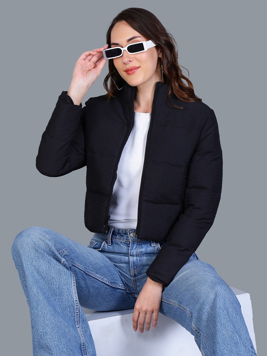 Women Black Quilted Crop Jacket