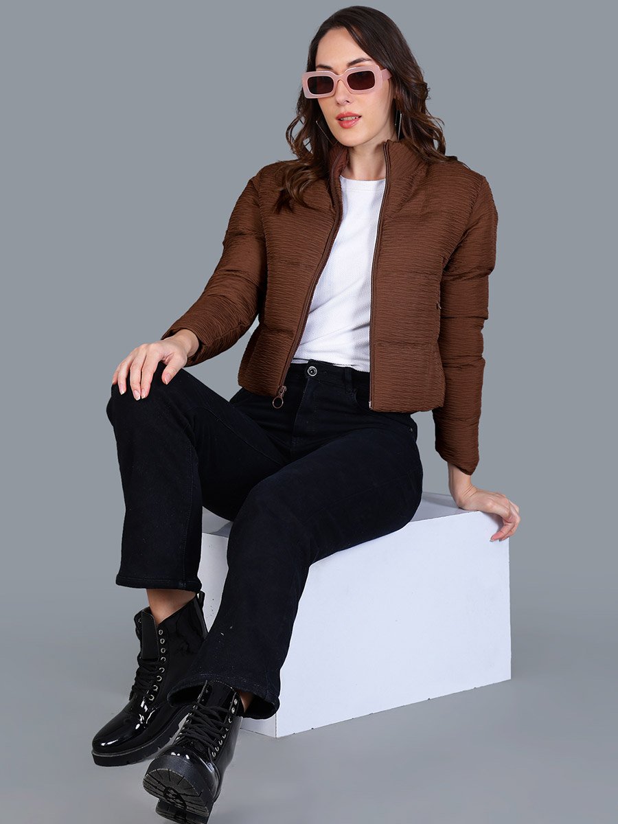 Women Brown Quilted Crop Jacket
