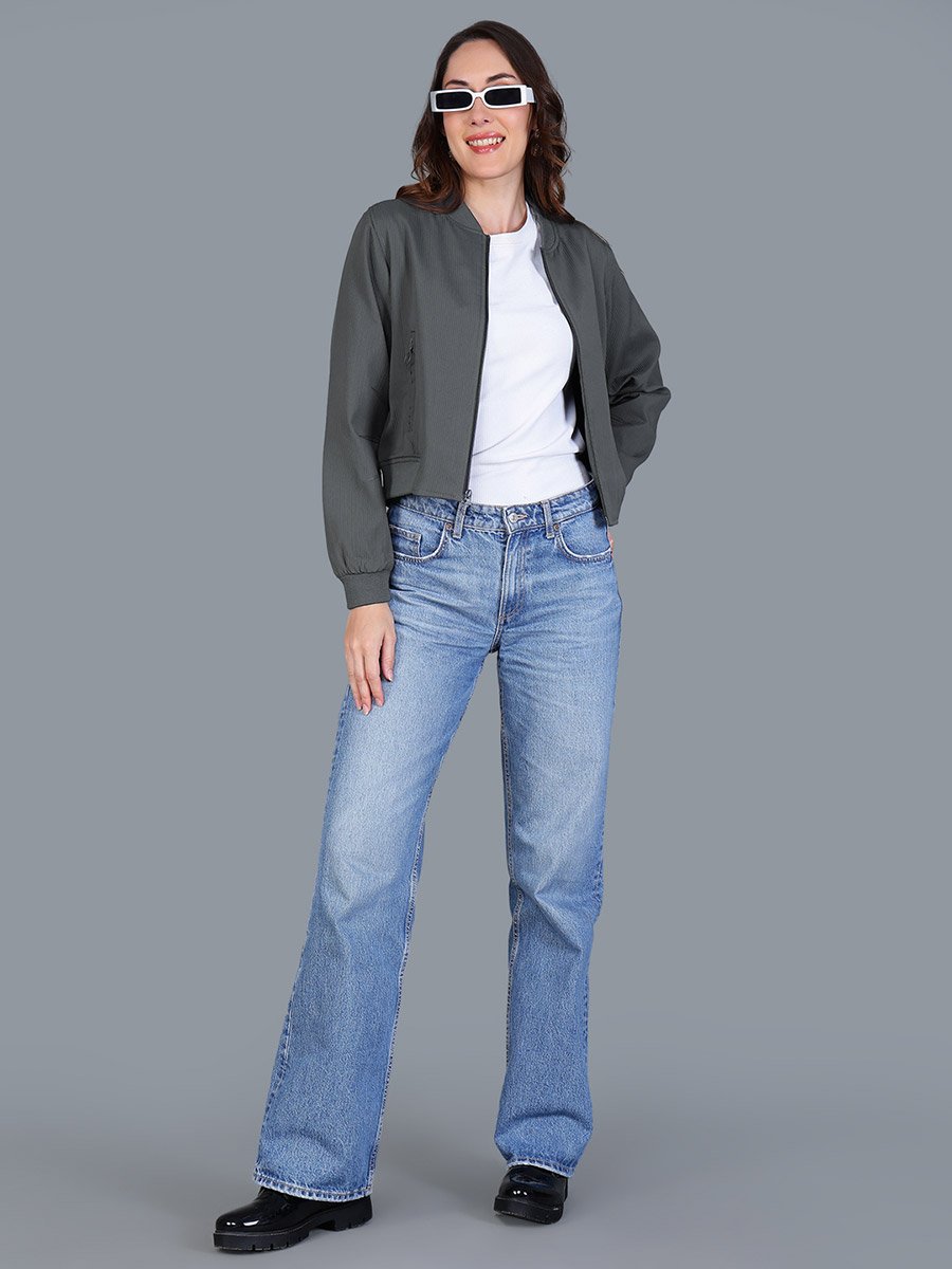 Women Grey Crop Bomber Jacket