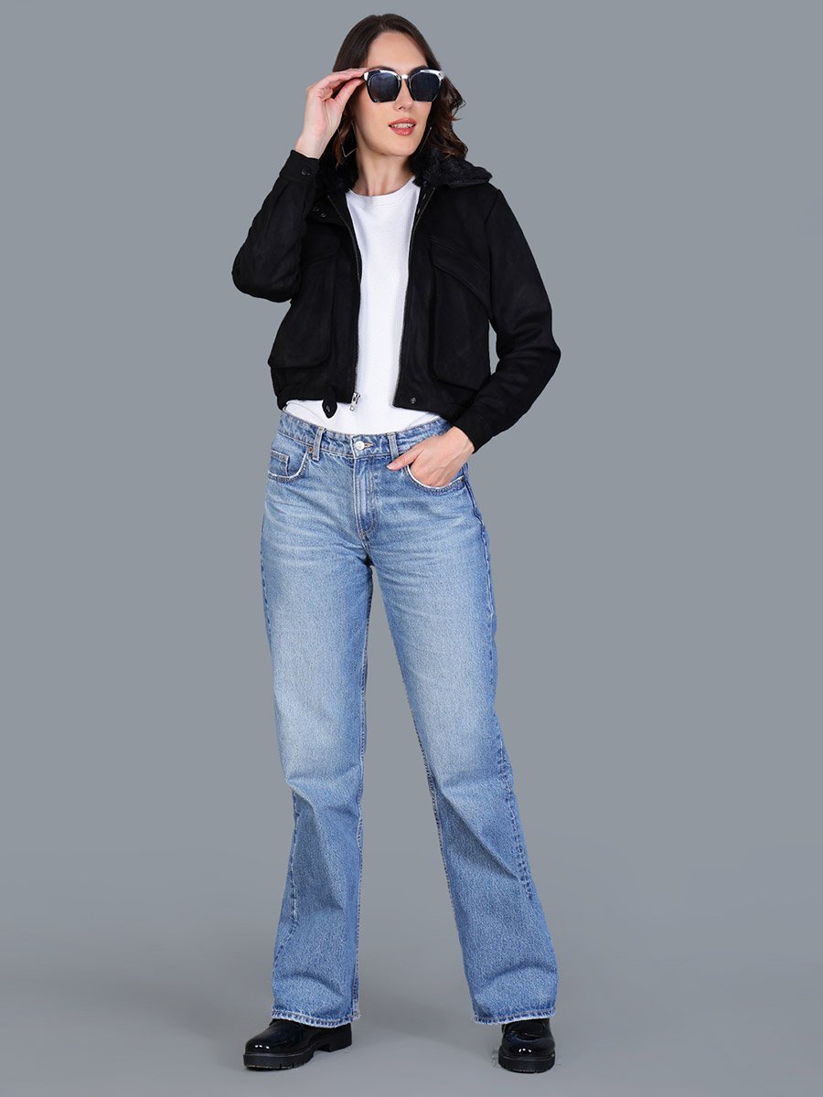 Women Black Faux Suede Jacket with Fur Collar