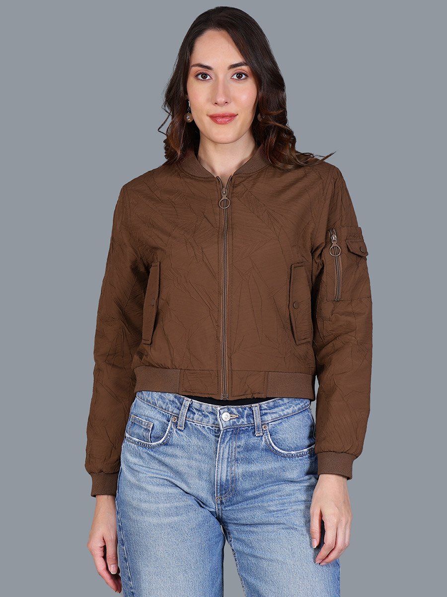Women Brown Crop Bomber Jacket