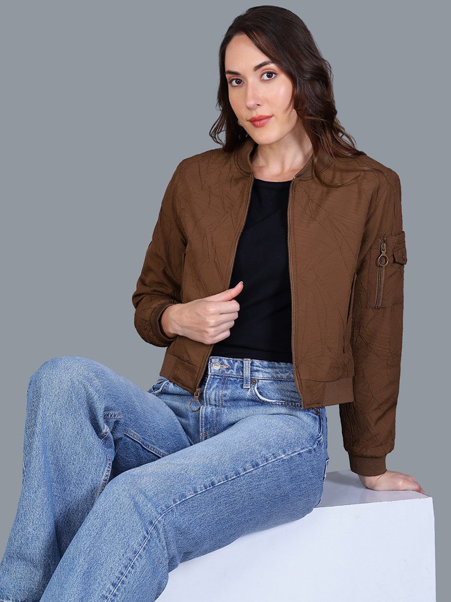 Women Brown Crop Bomber Jacket