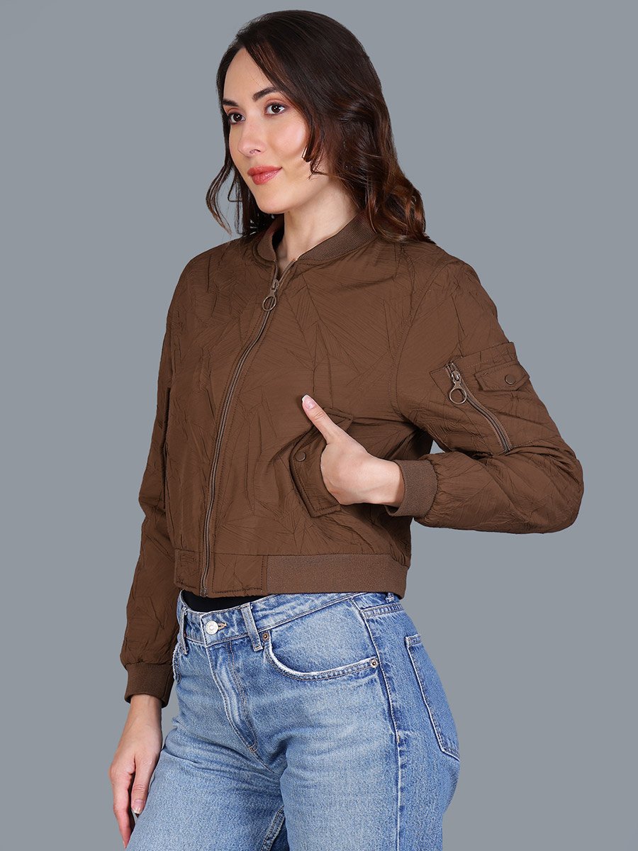 Women Brown Crop Bomber Jacket
