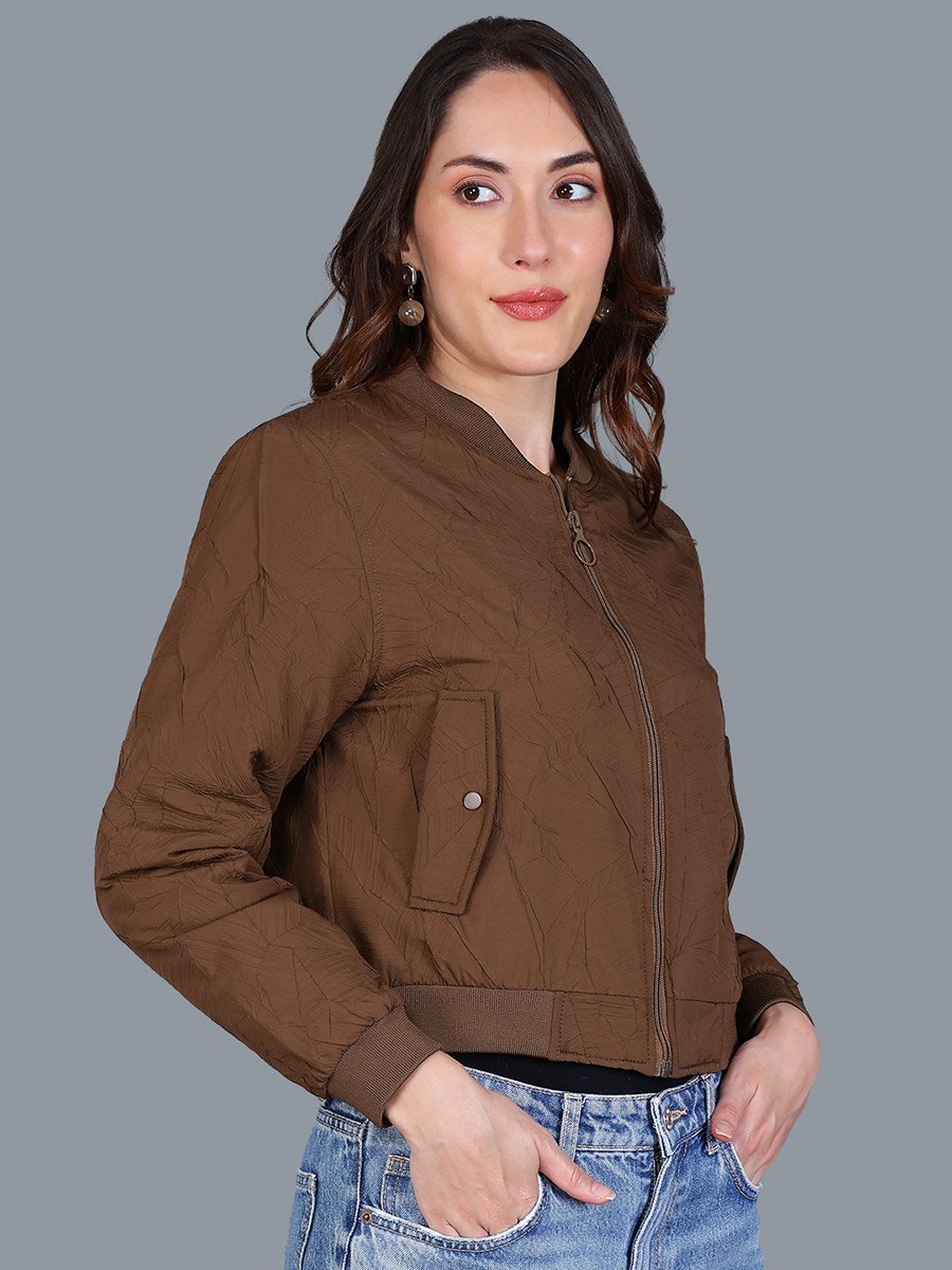Women Brown Crop Bomber Jacket