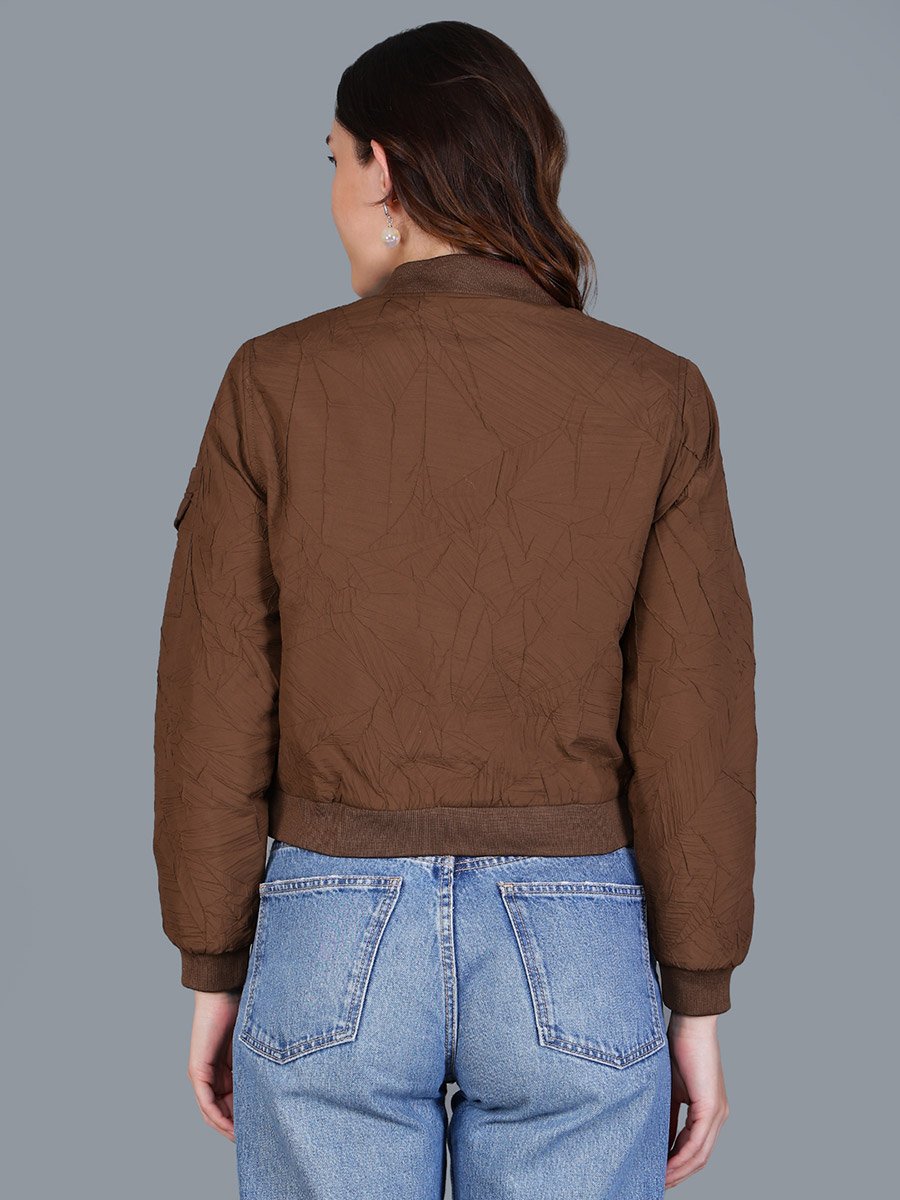 Women Brown Crop Bomber Jacket
