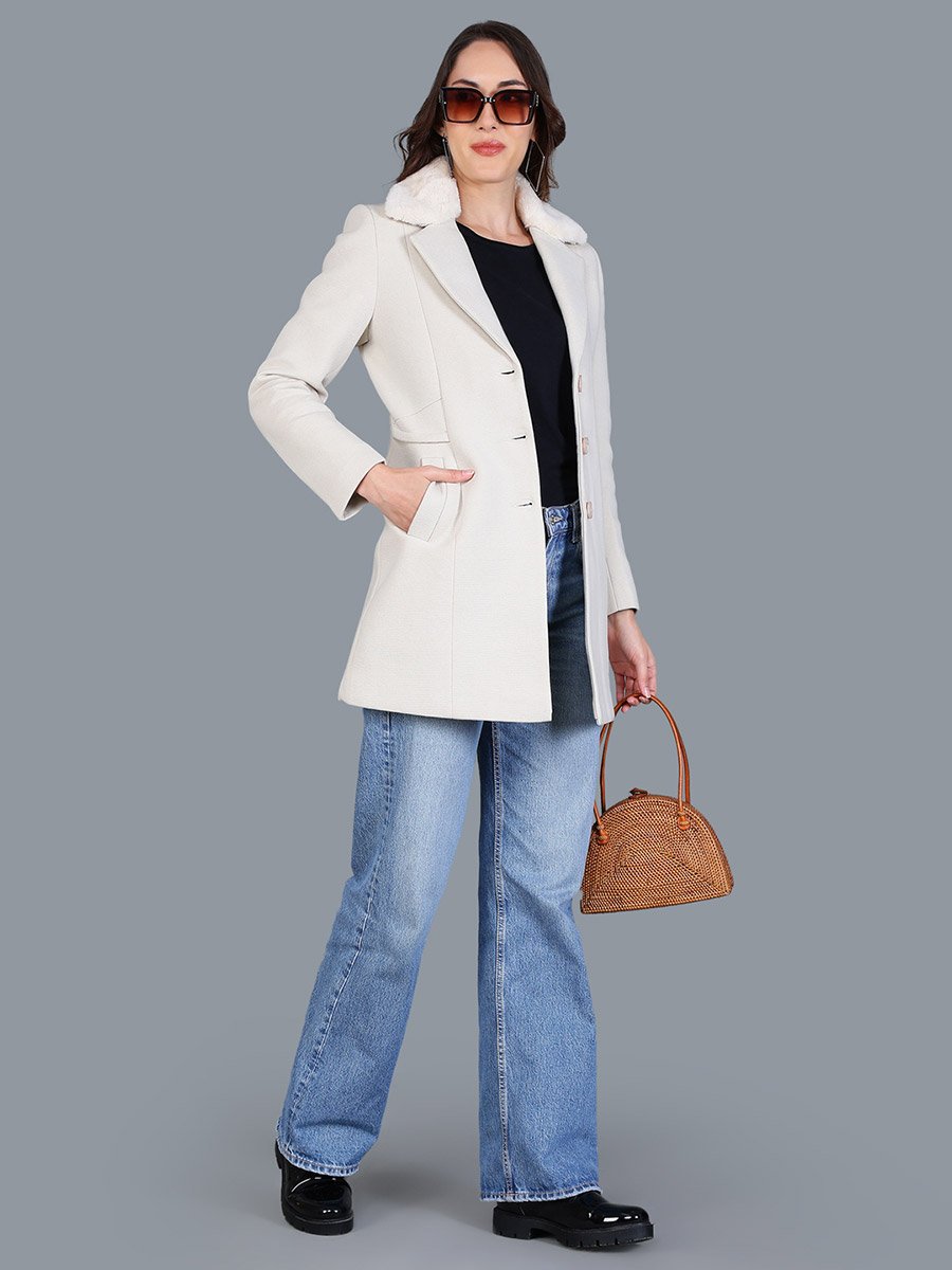 Women Beige Button-Up Longline Coat
