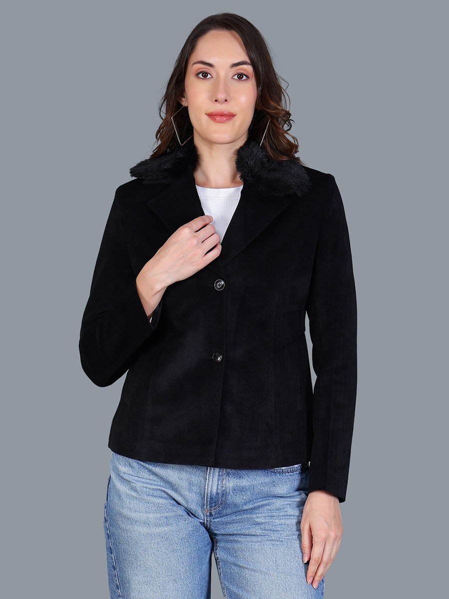 Women Black Button-Up Blazer with Faux Fur Collar