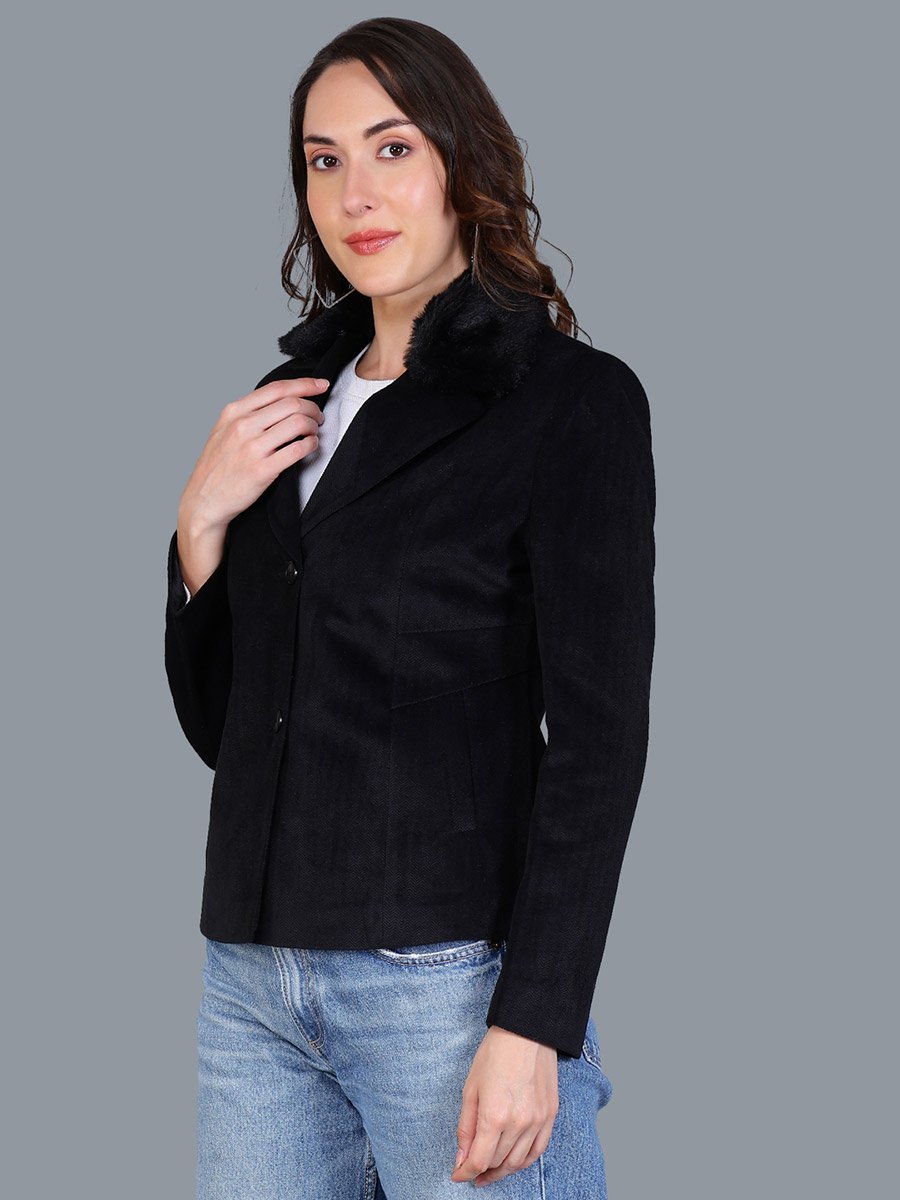 Women Black Button-Up Blazer with Faux Fur Collar