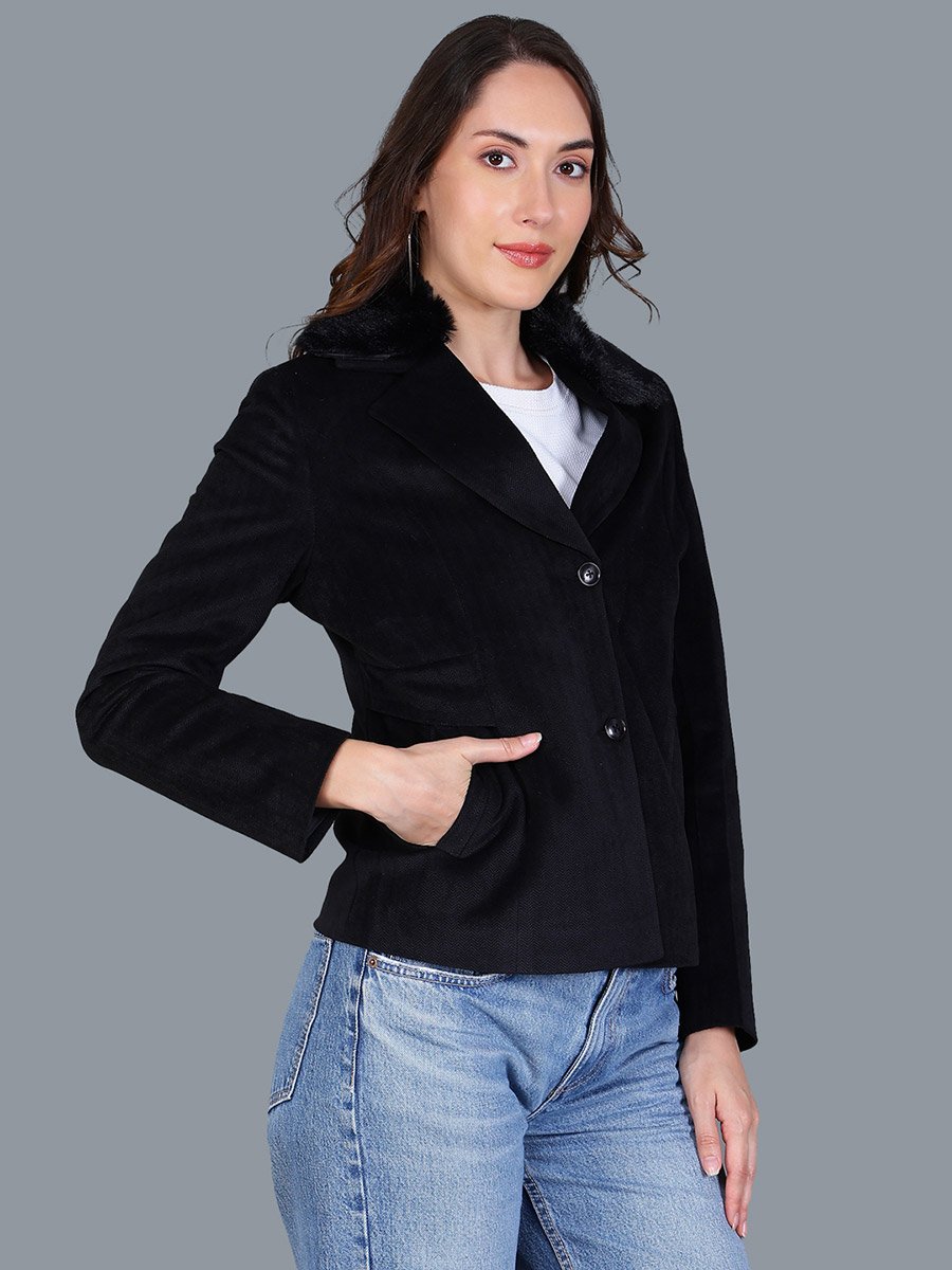 Women Black Button-Up Blazer with Faux Fur Collar