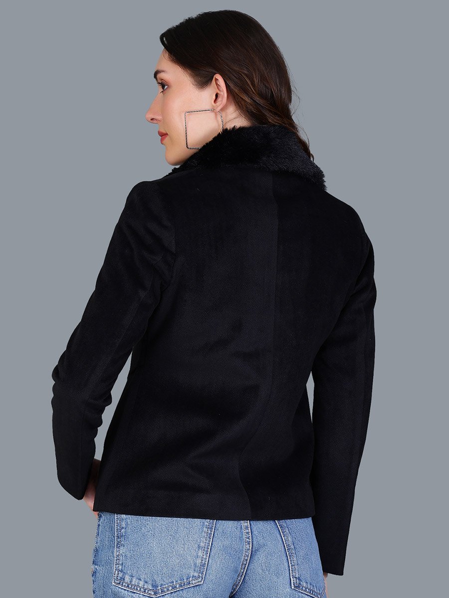Women Black Button-Up Blazer with Faux Fur Collar