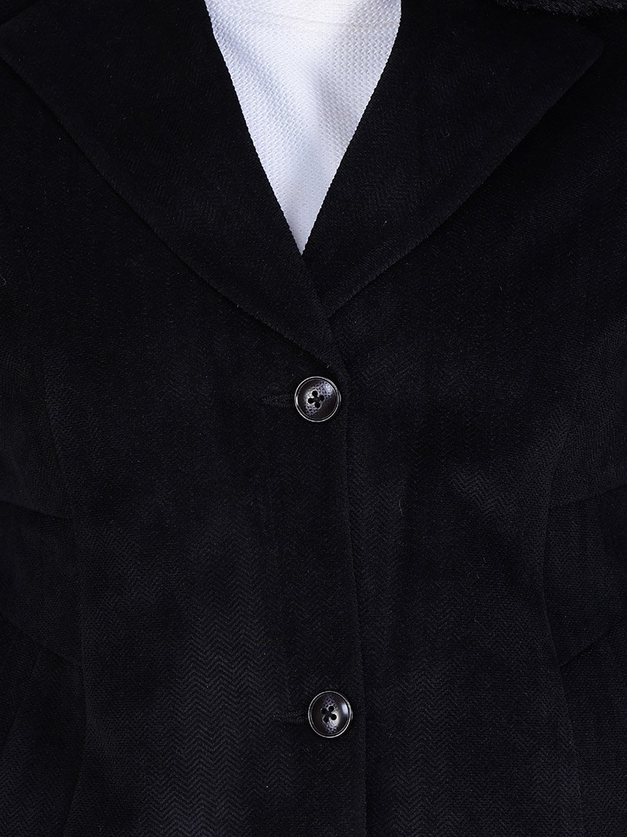 Women Black Button-Up Blazer with Faux Fur Collar