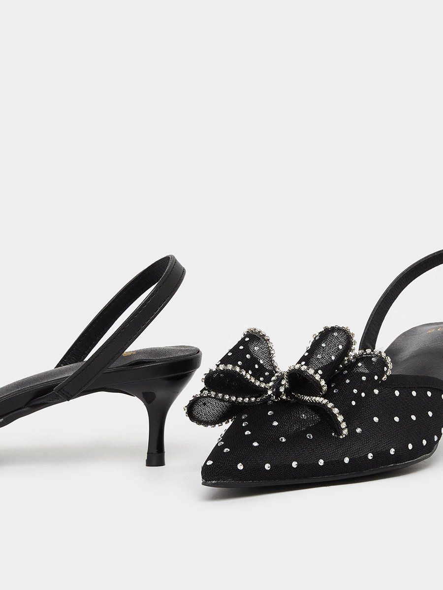 Women Black Embellished Kitten Heels Shoes
