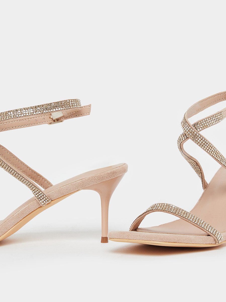 Women Beige Embellished Ankle Strap Sandals