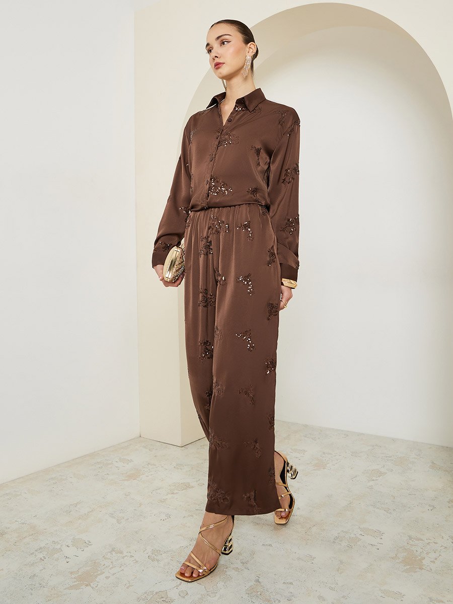 Women Brown Embellished Wide Leg Trousers