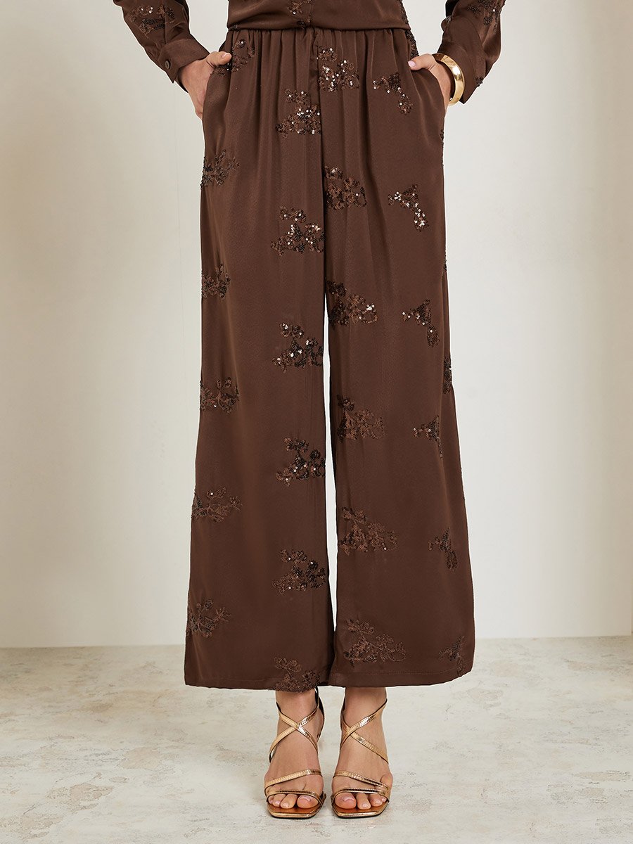 Women Brown Embellished Wide Leg Trousers