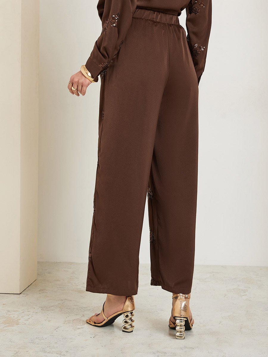 Women Brown Embellished Wide Leg Trousers