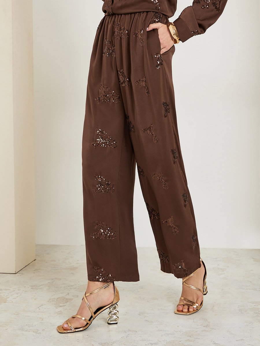 Women Brown Embellished Wide Leg Trousers