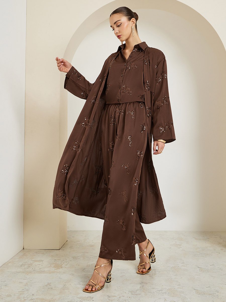 Women Brown Embellished Wide Leg Trousers