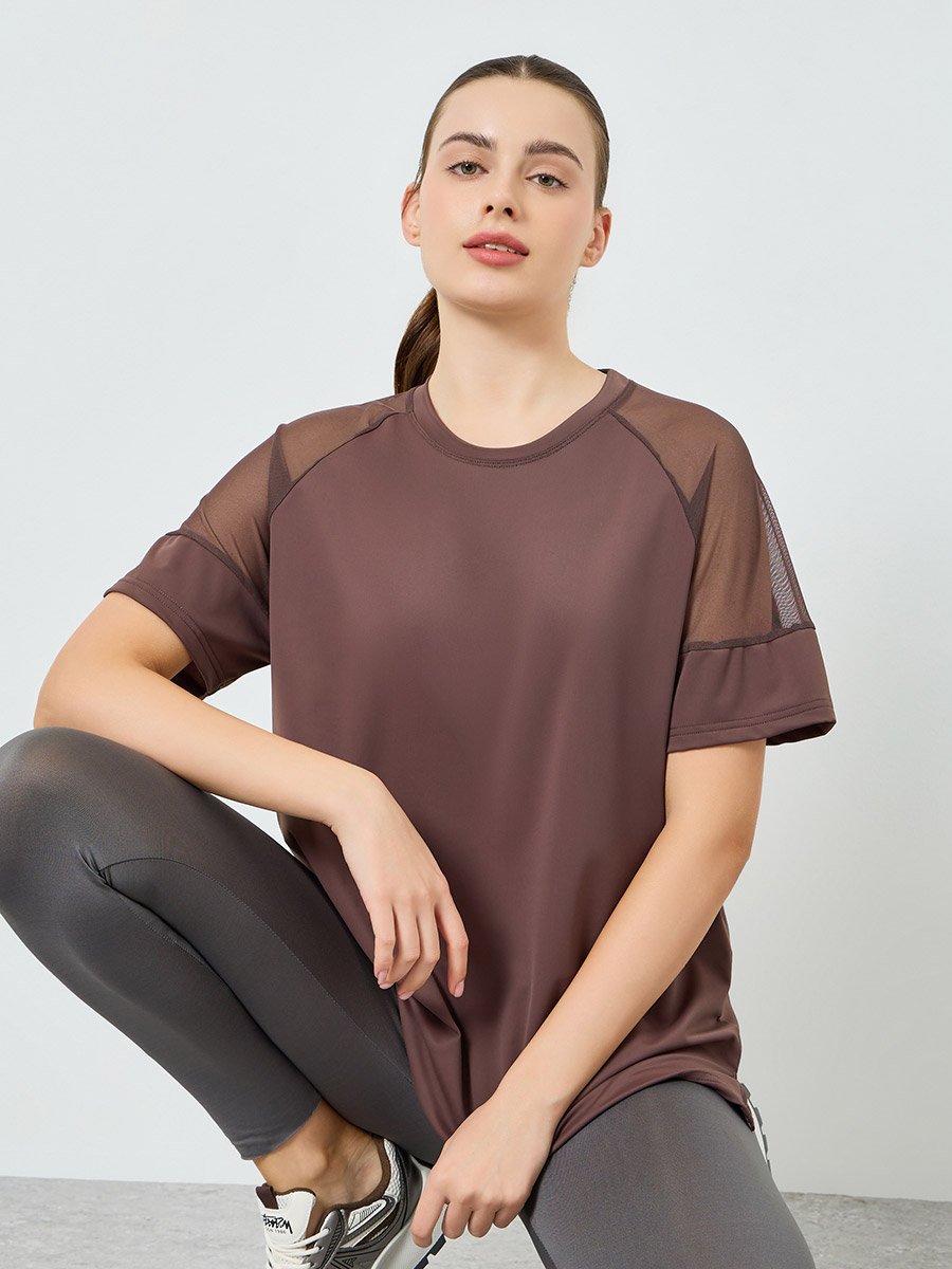 Women Brown Shoulder Mesh Panel Yoga Top