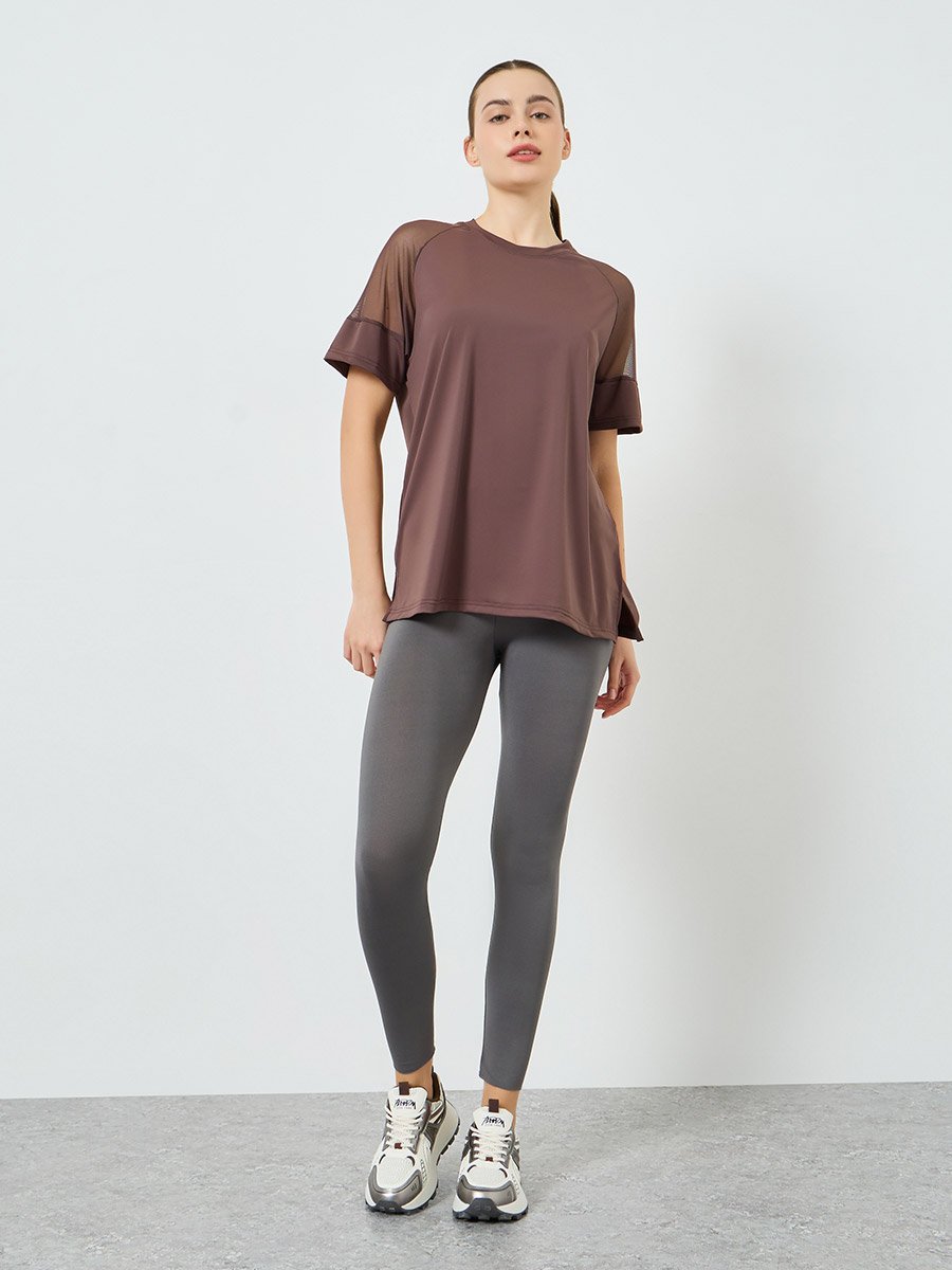 Women Brown Shoulder Mesh Panel Yoga Top