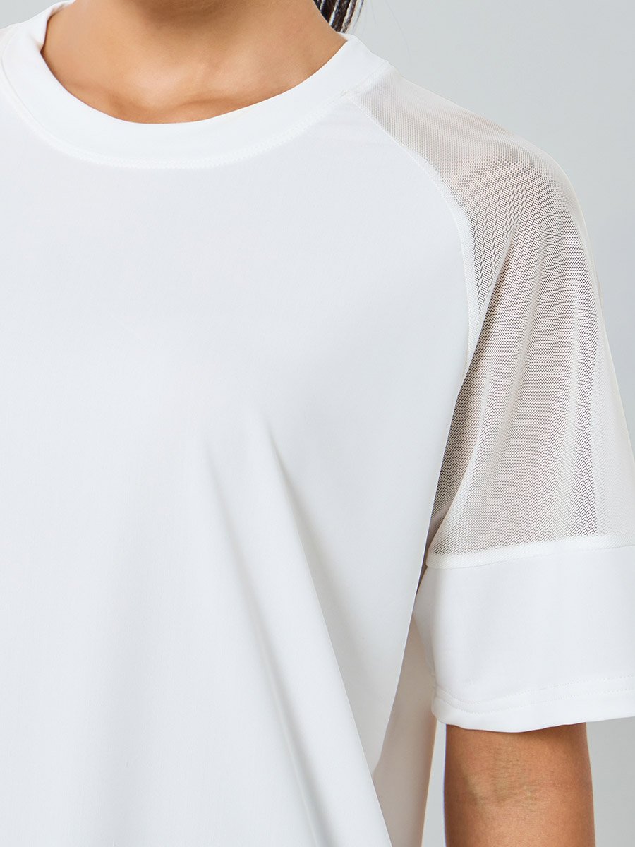 Women White Shoulder Mesh Panel Top