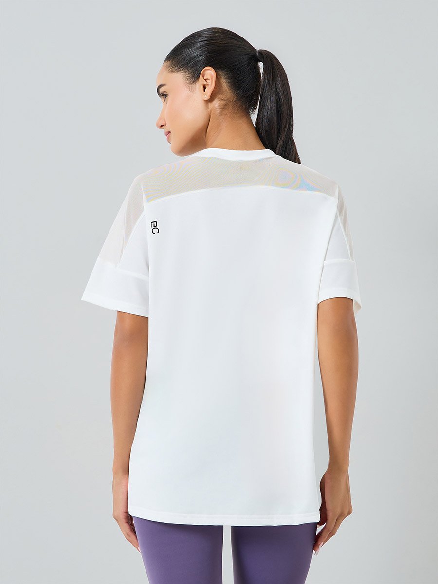 Women White Shoulder Mesh Panel Top