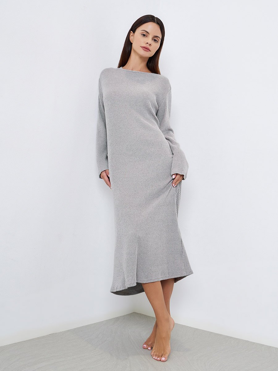 Round Neck Rib Long Sleeve Sleep T-Shirt Dress