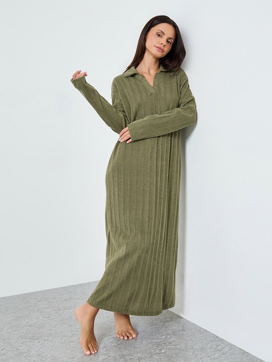 Khaki Ribbed Long Sleeve Sleep T-Shirt Dress