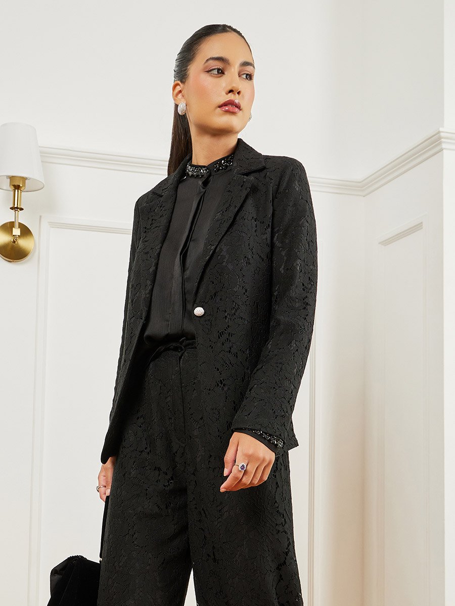 Black Regular Fit Regular Length Lace Blazer